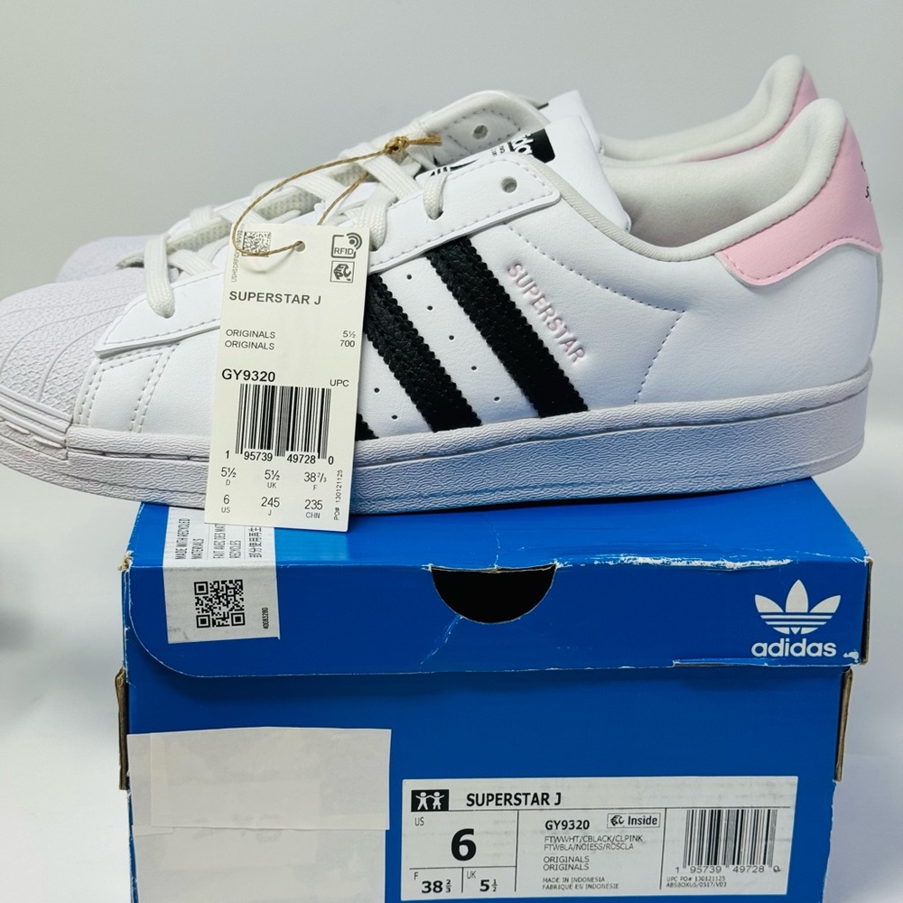 NEW Adidas Superstar J Original White Black Pink Women’s Size 6 Box Authentic